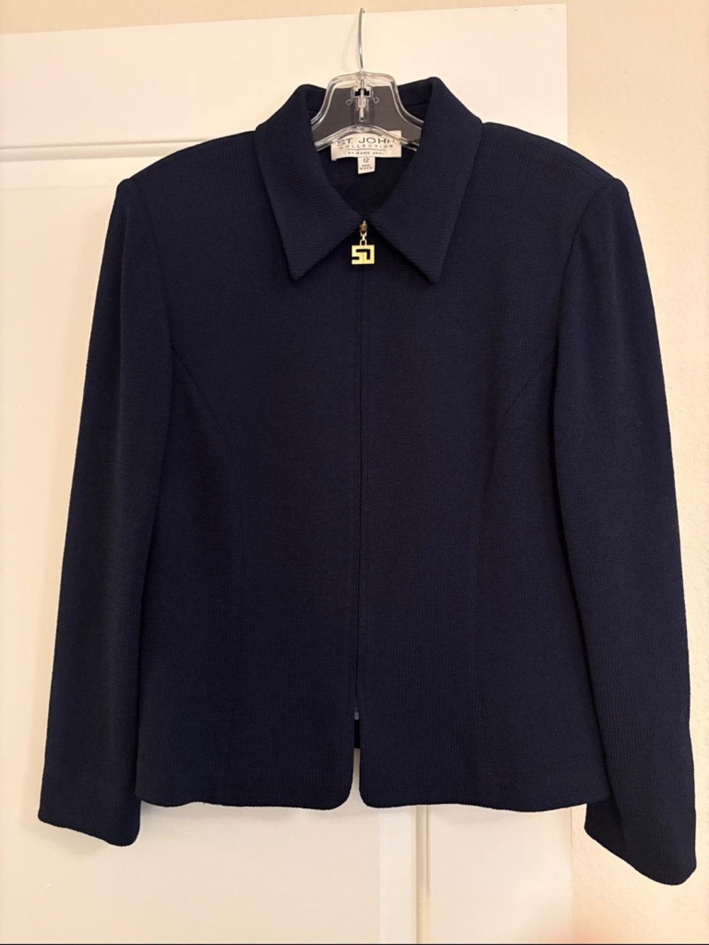 St. John Navy Knit Zip-Front Blazer with Signature Pull